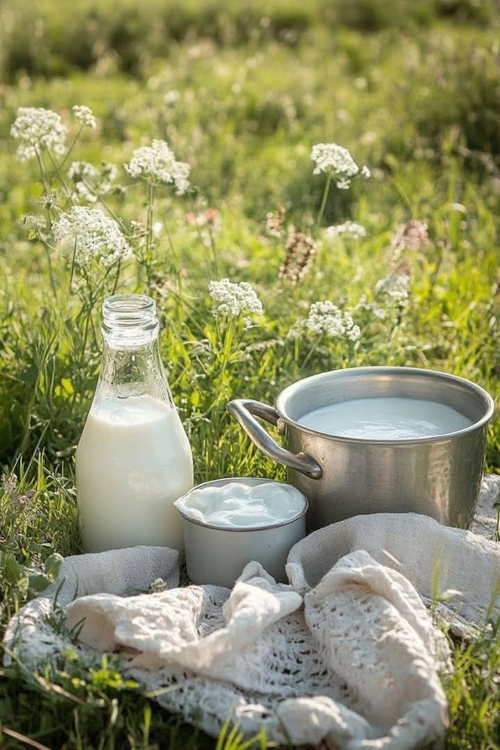 Fresh milk and dairy in a wildflower meadow