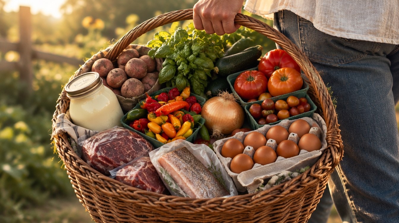 A woven basket loaded with fresh farm produce, eggs, milk, and meat, held by someone shopping at the farm